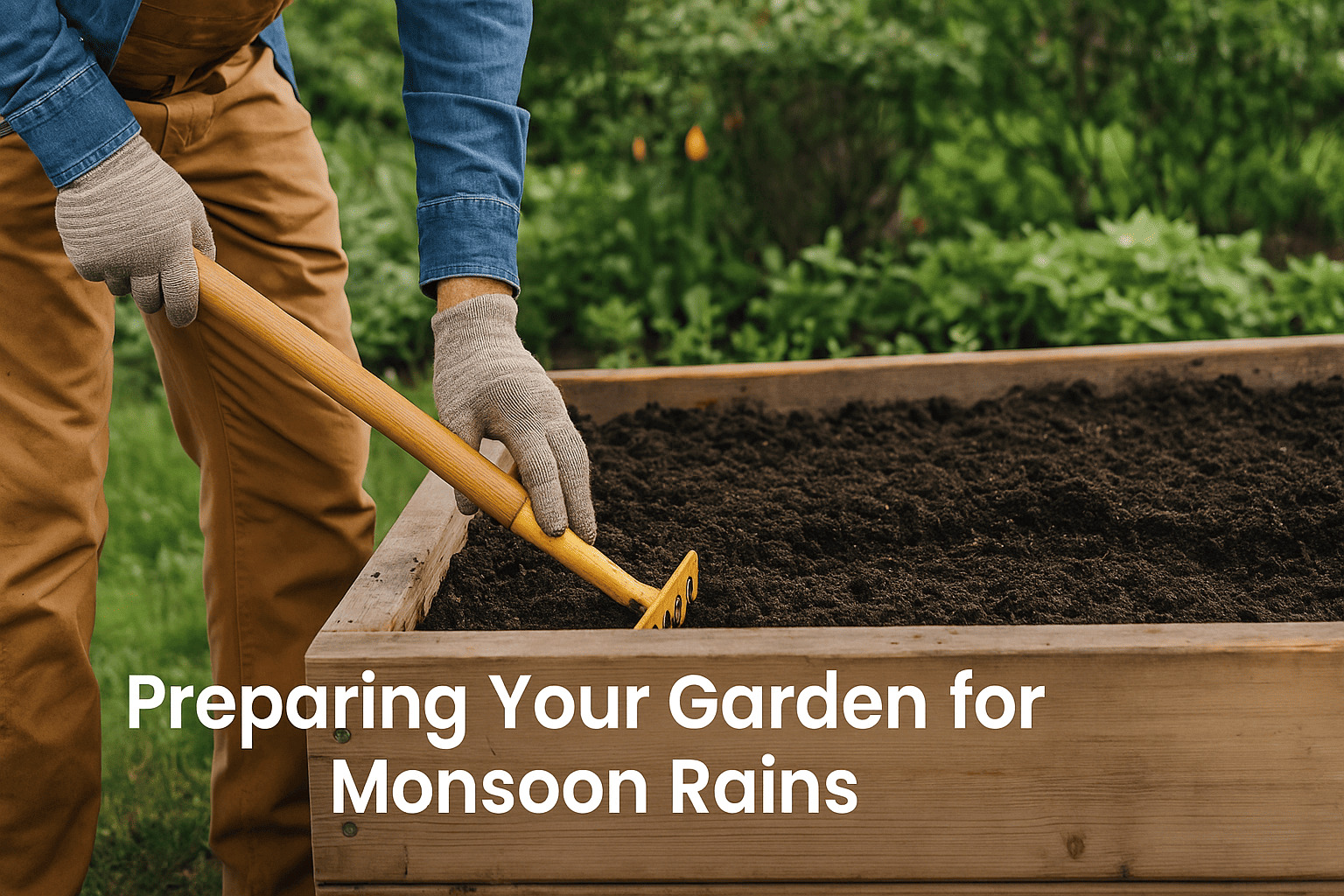 a gardener preparing a raised bed with rich soil for the monsoon season, ideal for rainy season gardening preparation – Urban Plant